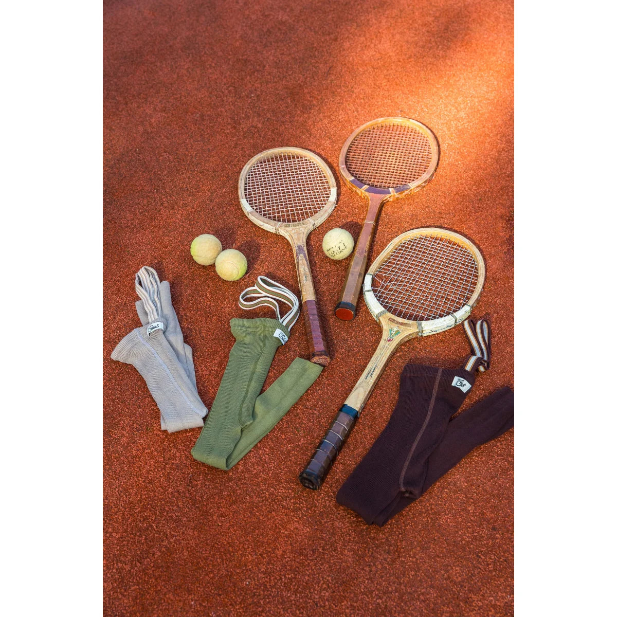 Vintage Tennis Equipment displayed with Strumpfhose mit Träger Footless in Oyster Grey