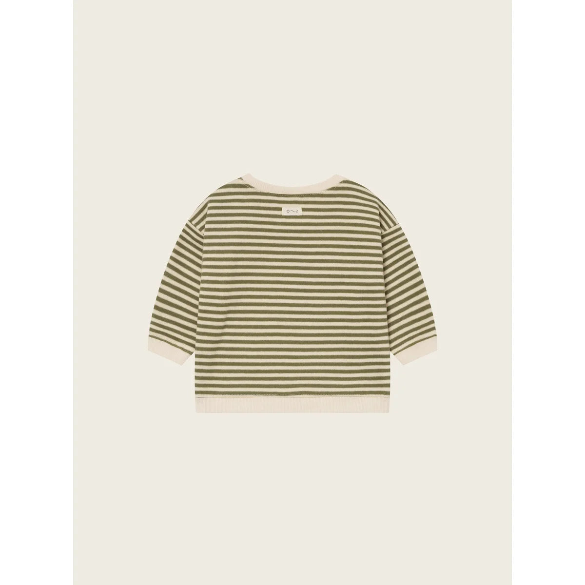 Olive grün und creme gestreiftes langärmeliges Sweatshirt mit Boot-Ausschnitt