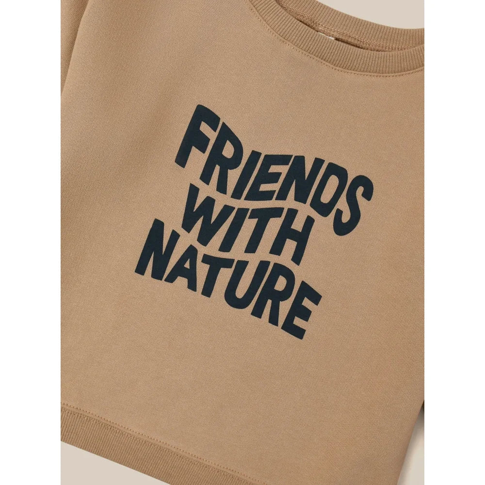 Beige Sweatshirt mit schwarzem Aufdruck Friends with Nature für umweltbewusste Mode