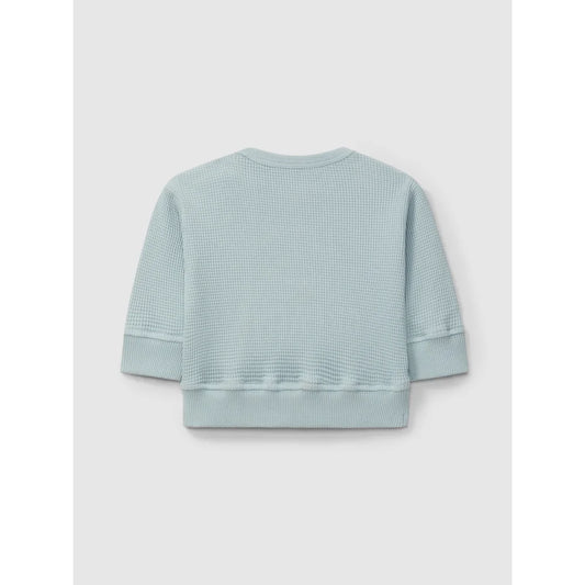 Helles blaues Waffeltextur-Sweatshirt in grau-blau mit Aufschrift Lets Be Creative