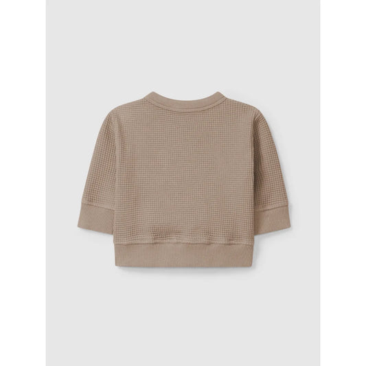 Beige langärmiges Waffelstrickoberteil mit Rippenbündchen und Saum, Sweatshirt Smile Taupe