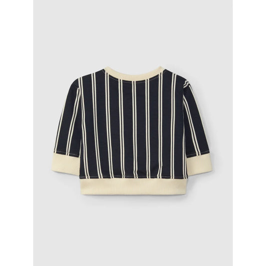 Navyblaues gestreiftes Langarmshirt mit cremefarbenen Bündchen und Saum