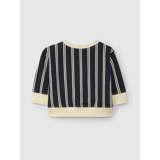 Navyblaues gestreiftes Langarmshirt mit cremefarbenen Bündchen und Saum