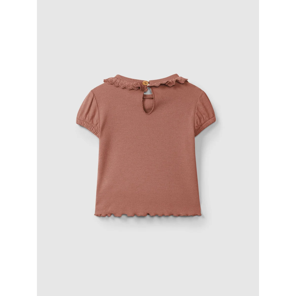 Ribbed Terracotta T-Shirt mit English Embroiderung, nachhaltige Babykleidung Schweiz