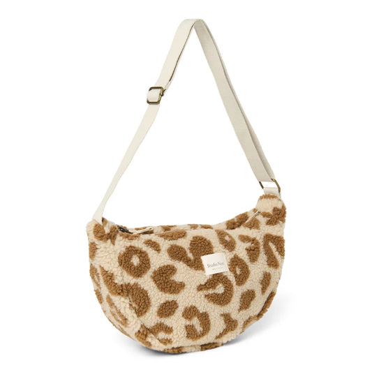 Leopardenmuster Sherpa Umhängetasche im Teddy Adult Fanny Pack Ecru Leopard Design