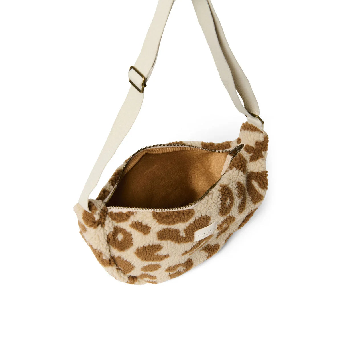 Faux-Fell Leopardprint Umhängetasche für Erwachsene, Teddy Fanny Pack Ecru