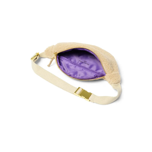 Beige Faux Fur Fanny Pack mit lila Innenfutter im Teddy Mini Fanny Pack Ecru