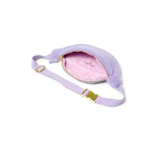 Lavender Teddy Mini Fanny Pack with pink lining and adjustable strap in lilac