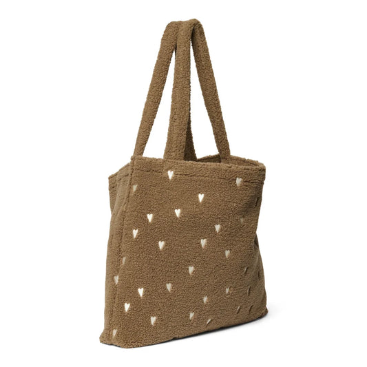 Braune Teddy-Fleece-Tasche mit kleinen dreieckigen Mustausschnitten, Teddy Mom Bag