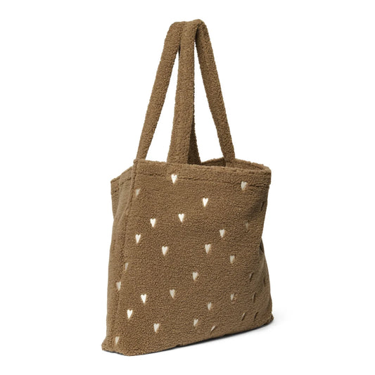 Braune Teddy-Fleece-Tasche mit kleinen dreieckigen Mustausschnitten, Teddy Mom Bag