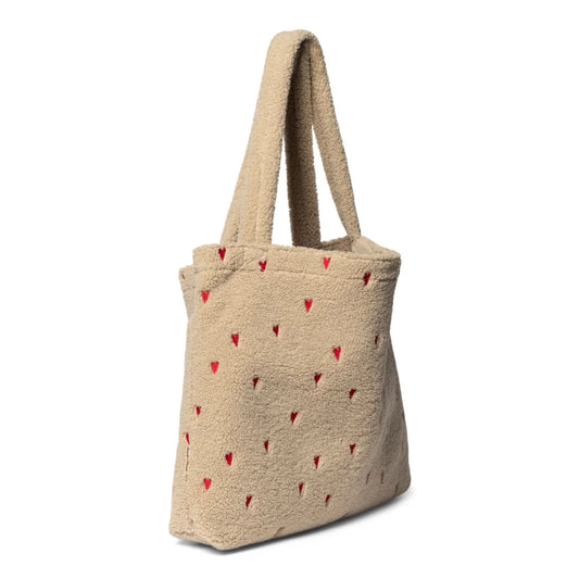 Beige Tote Bag mit roten Herzmustern | Teddy Mom Bag | Ecru Hearts