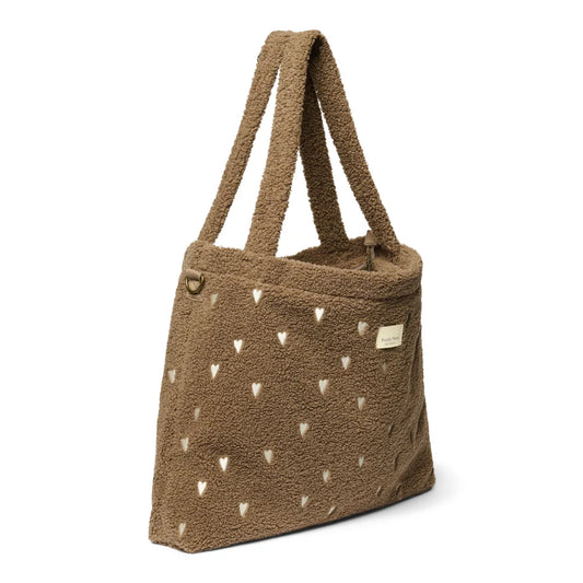 Braune Terry-Stoff Tasche mit goldenen Herzen, Teddy Mom Wickeltasche
