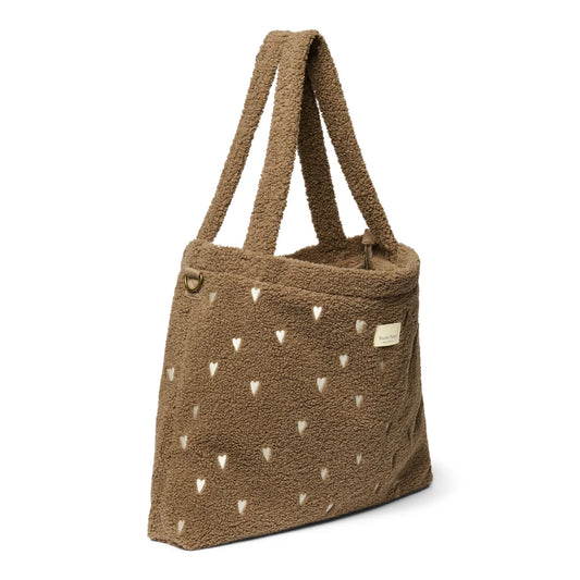 Braune Terry-Stoff Tasche mit goldenen Herzen, Teddy Mom Wickeltasche