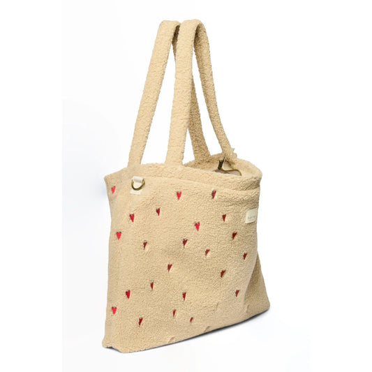 Beige terry cloth Tote Bag mit roten Herzakzenten, Teddy Mom Wickeltasche