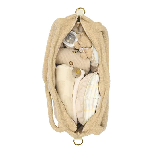 Beige Canvas Handbag from Above with Contents Visible - Teddy Mom Diaper Bag Ecru