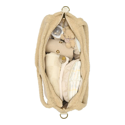 Beige Canvas Handbag from Above with Contents Visible - Teddy Mom Diaper Bag Ecru