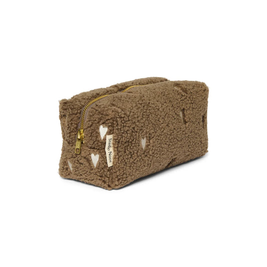 Brauner Teddy-Fleece-Make-up-Beutel mit goldener Reißverschluss von Braun Hearts