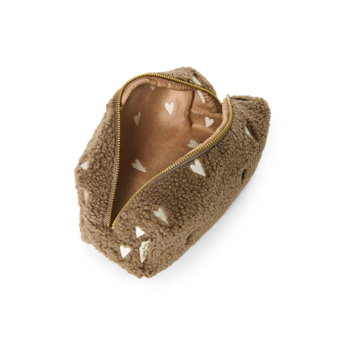 Braune, flauschige Kosmetiktasche mit goldener Reißverschluss im Teddy Necessaire Braun Hearts