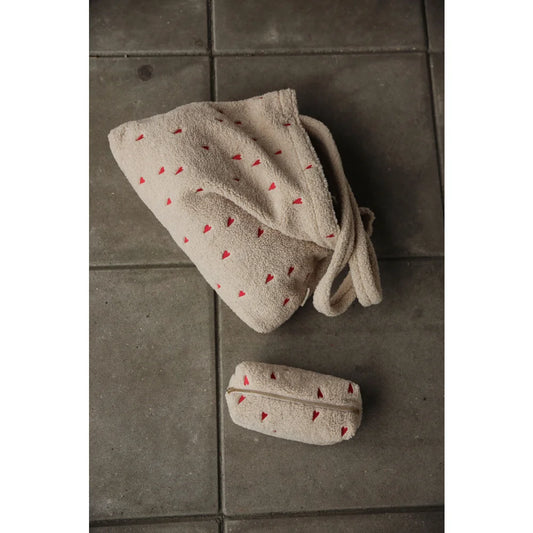 Beige Stofftasche mit kleinen rosa dreieckigen Mustern für Teddy Necessaire Ecru Hearts