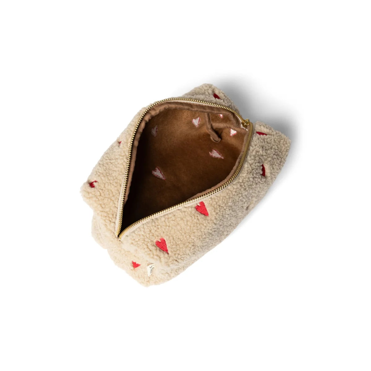 Beige Stoffbeutel mit kleinen roten Herzdekorationen, Teddy Necessaire Ecru Hearts