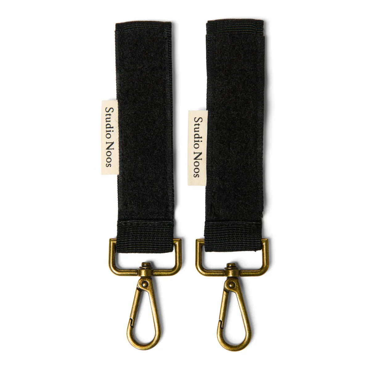 Schwarze Stoffriemen mit Messing-Schwenkhaken und Etiketten für den Teddy Kinderwagen-Organizer