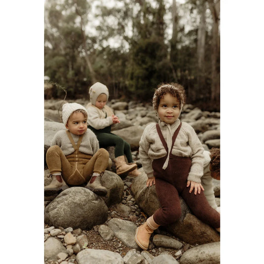 Drei Kinder in warmer Kleidung sitzen auf Steinen neben Teddy Warmy Strumpfhosen