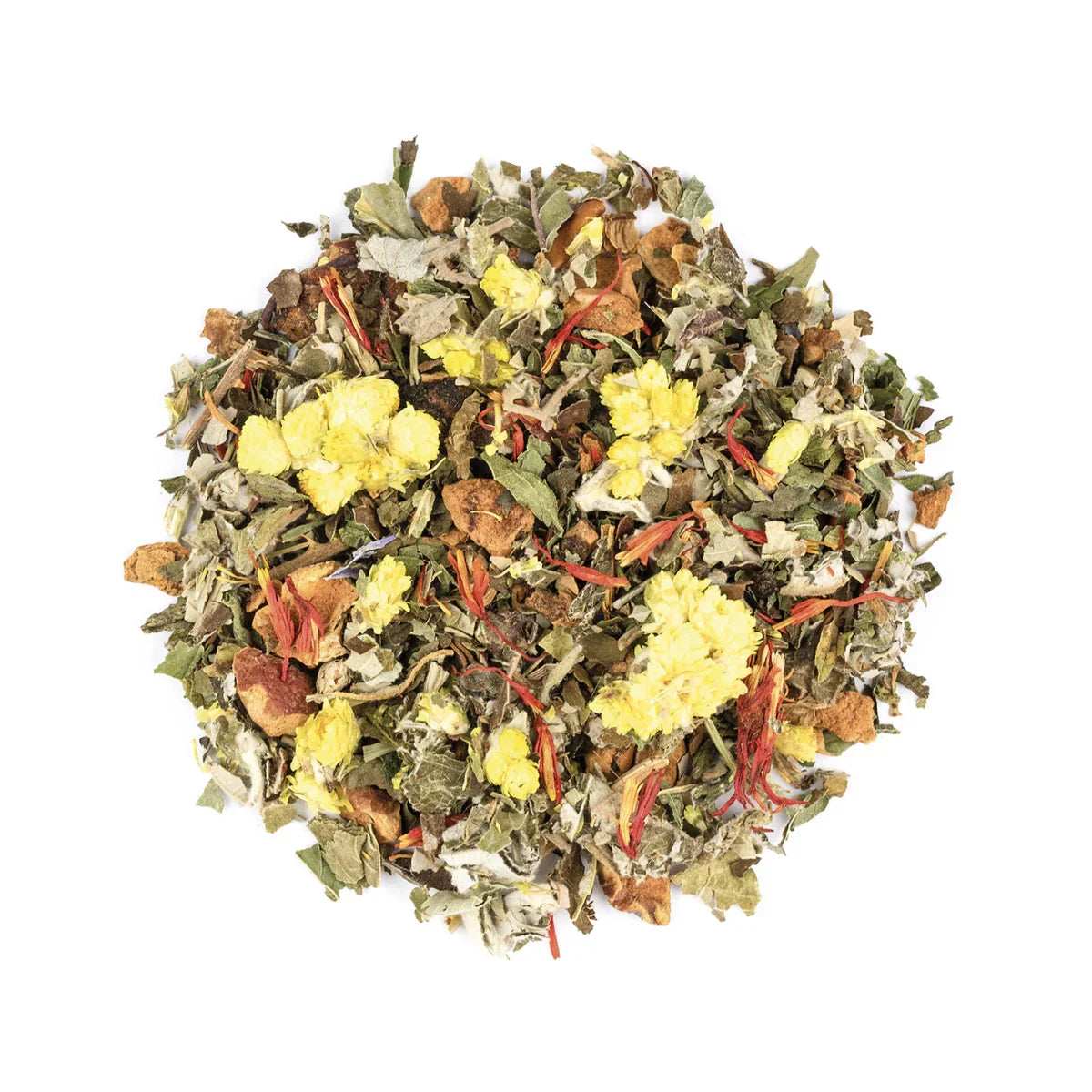 Kreisförmiger Haufen getrockneter Kräutertee mit gelben Blüten, grünen Blättern und braunen Fruchtstücken – Tee 5 Minuten Wohlfühlzeit 35g