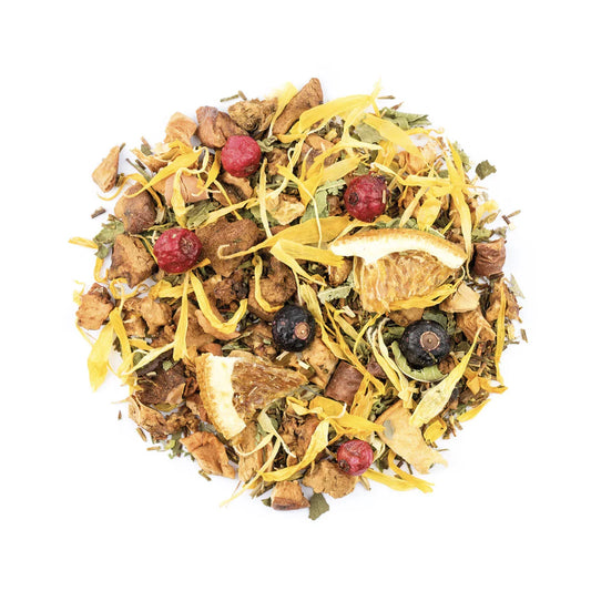 Vibrante Kreisar rangierung getrockneter Kräutertee mit Zitrus, Beeren, Blättern