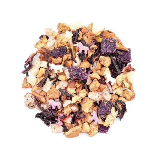 Farbiger Tee-Mix mit Trockenfrüchten, Kräutern und pinken Einhorn-Bonbons, 15g/35g Tee Glitzer statt Alltag