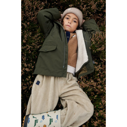 Kindermantel Timber 2-in-1 Jacke in Army Braun mit Olivgrünem Parka und Sherpa-Futter