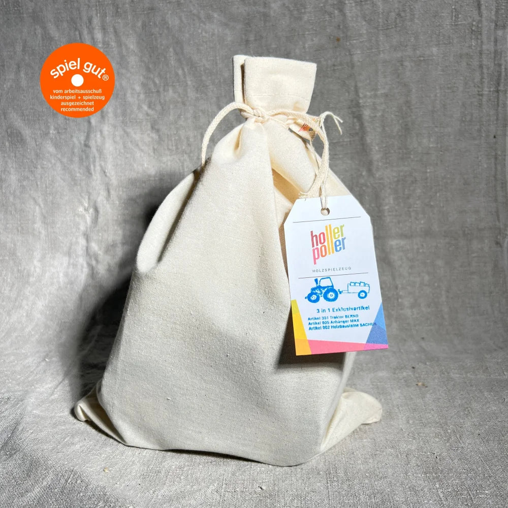 Cremeweißer Traktor BERND Natur Beutel mit Holler Polder Etikett