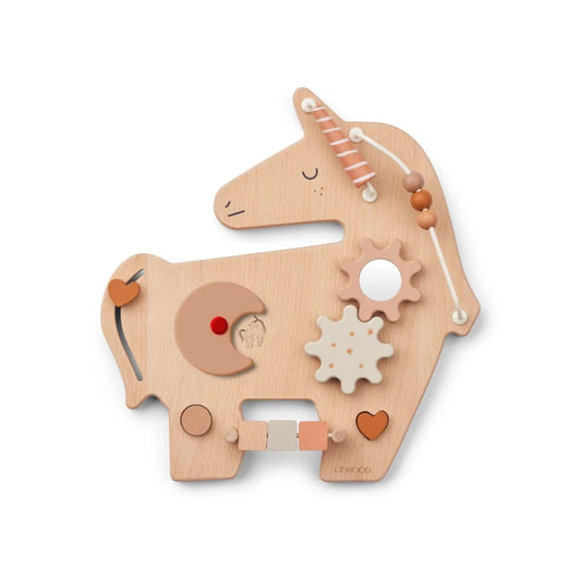 Holzpferd-Puzzle-Spielzeug mit beweglichen Zahnrädern und Perlen im Unicorn Play Board Carola