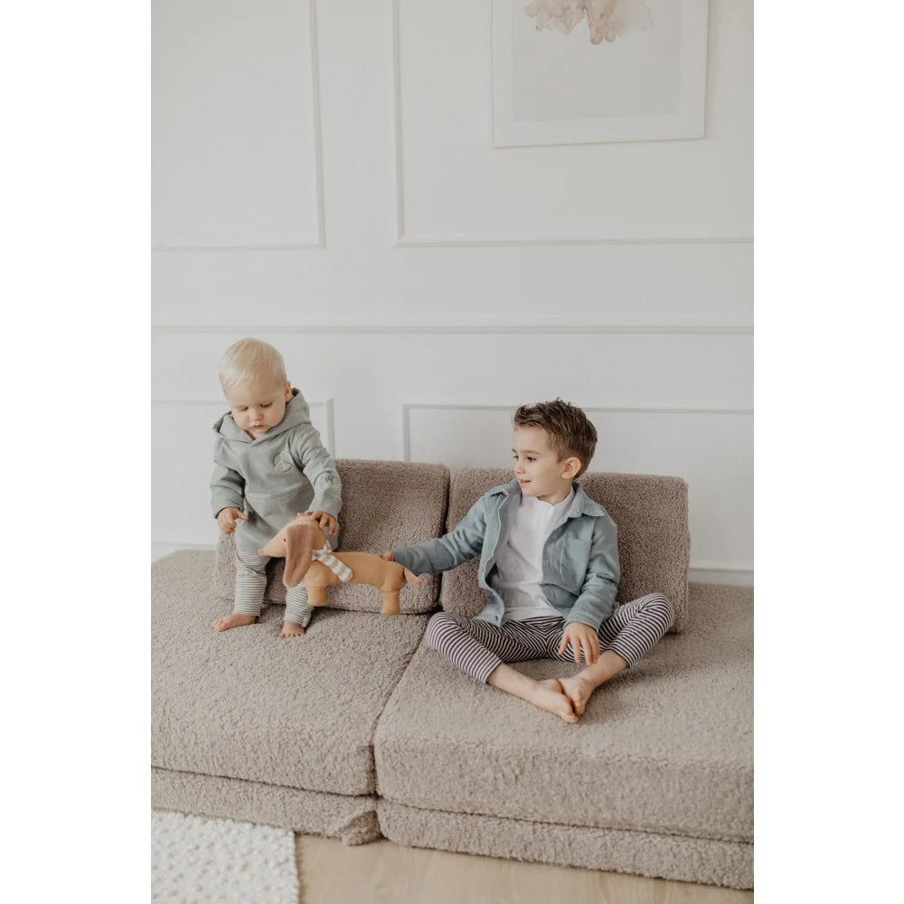 Zwei junge Jungen spielen mit einem Plüschdackel auf einem modularen Sofa in einem grünen Unisex Hoodie