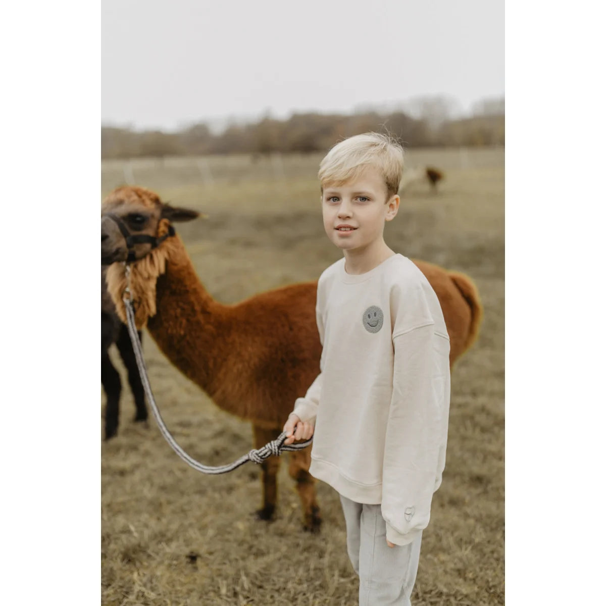 Creamfarbenes Unisex Oversized Sweatshirt mit Logo und Peace Beginnt Mit Einem Lächeln Design