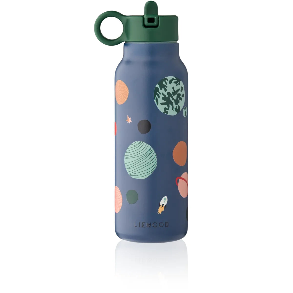 Blaue Wasserflasche mit Planetenmotiven aus dem Produkt Wasserflasche Falk 350 ml Universe Classic Navy