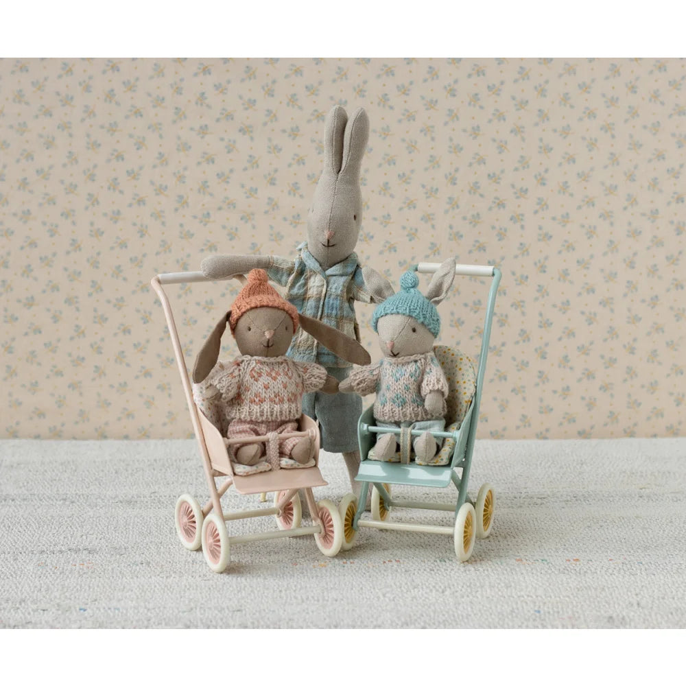 Maileg Winterhase Micro Baby Rabbit Stroller Set in Sand-Mint