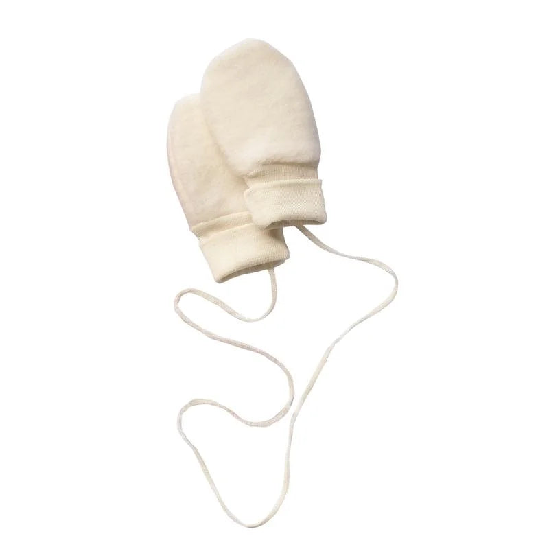 Weiße Babyhandschuhe aus Wollfleece mit einer Verbindungsschnur, naturfarben