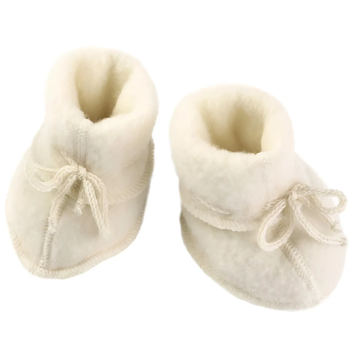 Weiche weiße Babybooties mit Ripsband zum Binden, Wollfleece Babyschüchen natur