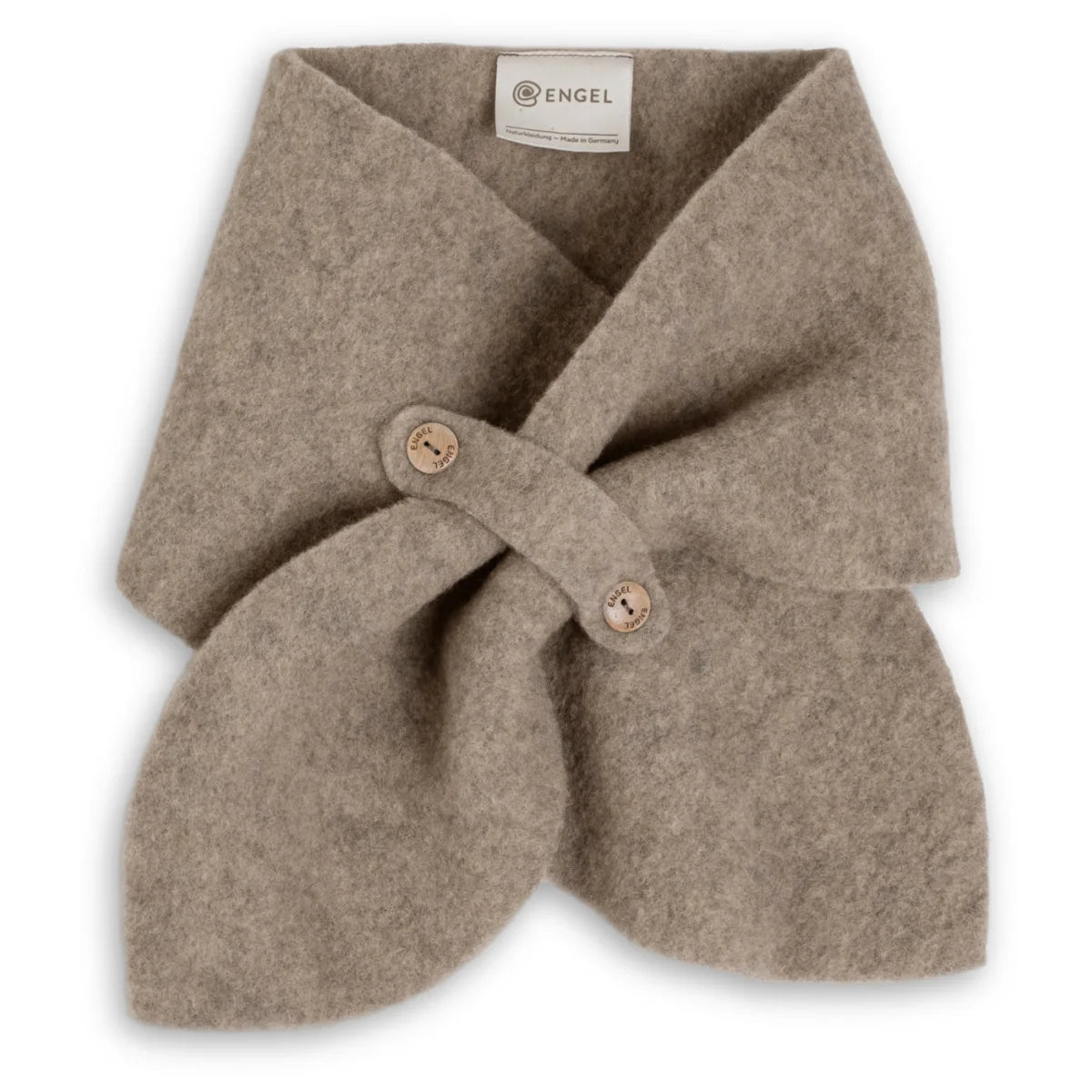 Beige Wollfleece Kinder-Schal mit Knöpfen aus Holz in Walnuss-Melange