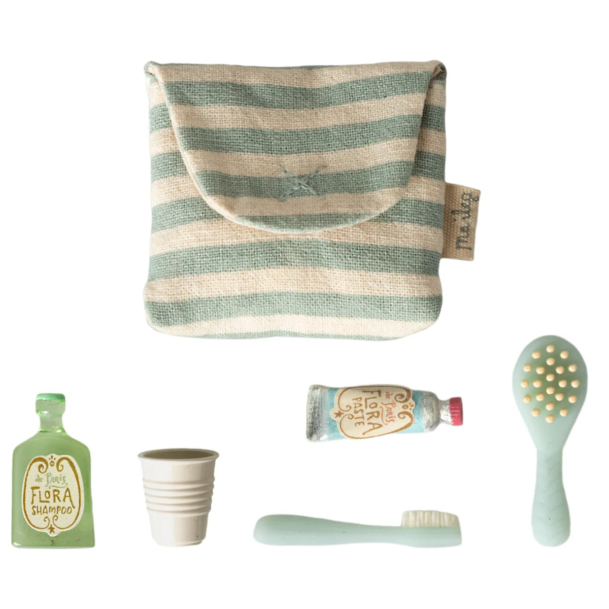 Gestreifter leinenbeutel mit kleinem gesticktem stern und ma-dag tag im zahnbürsten-set maus blau für ökologische baby- & kinderprodukte