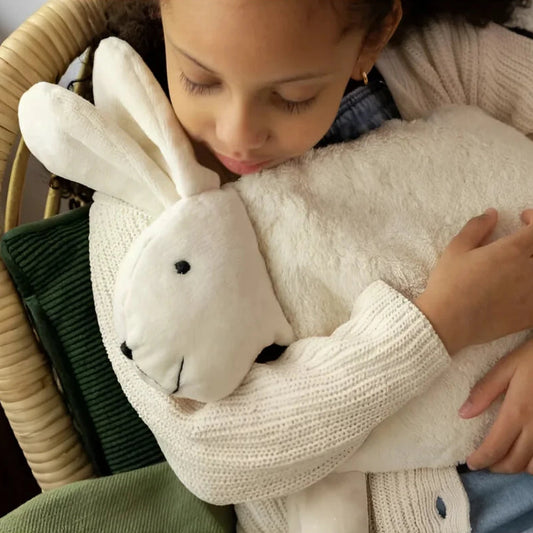 Girl hugging a plush rabbit, pine pillow rabbit for extra comfort