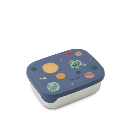 Rechteckige Lunchbox mit dunkelblauer Deckel und buntem Sonnensystem-Design