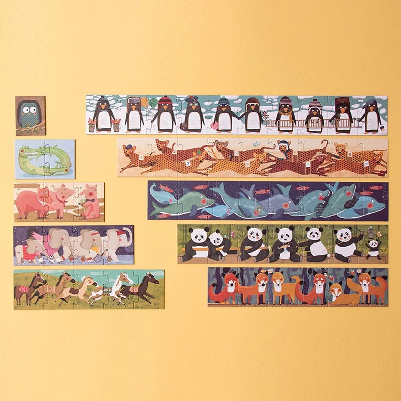 Illustration von Tier-Puzzlestreifen an einer Wand für das 10 Penguins Puzzle