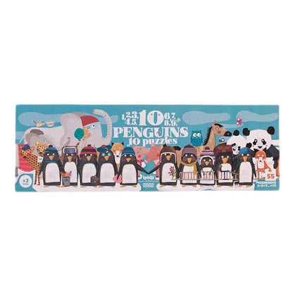 Buntes Puzzle mit einer Reihe von Cartoon-Pinguinen und anderen Tiercharakteren