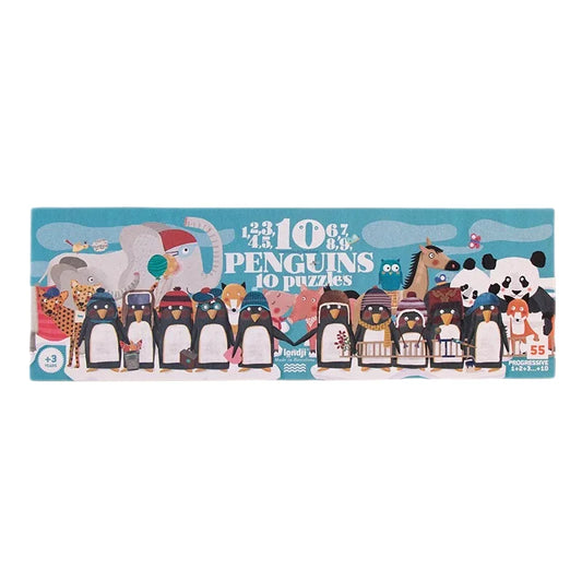 Buntes Puzzle mit einer Reihe von Cartoon-Pinguinen und anderen Tiercharakteren