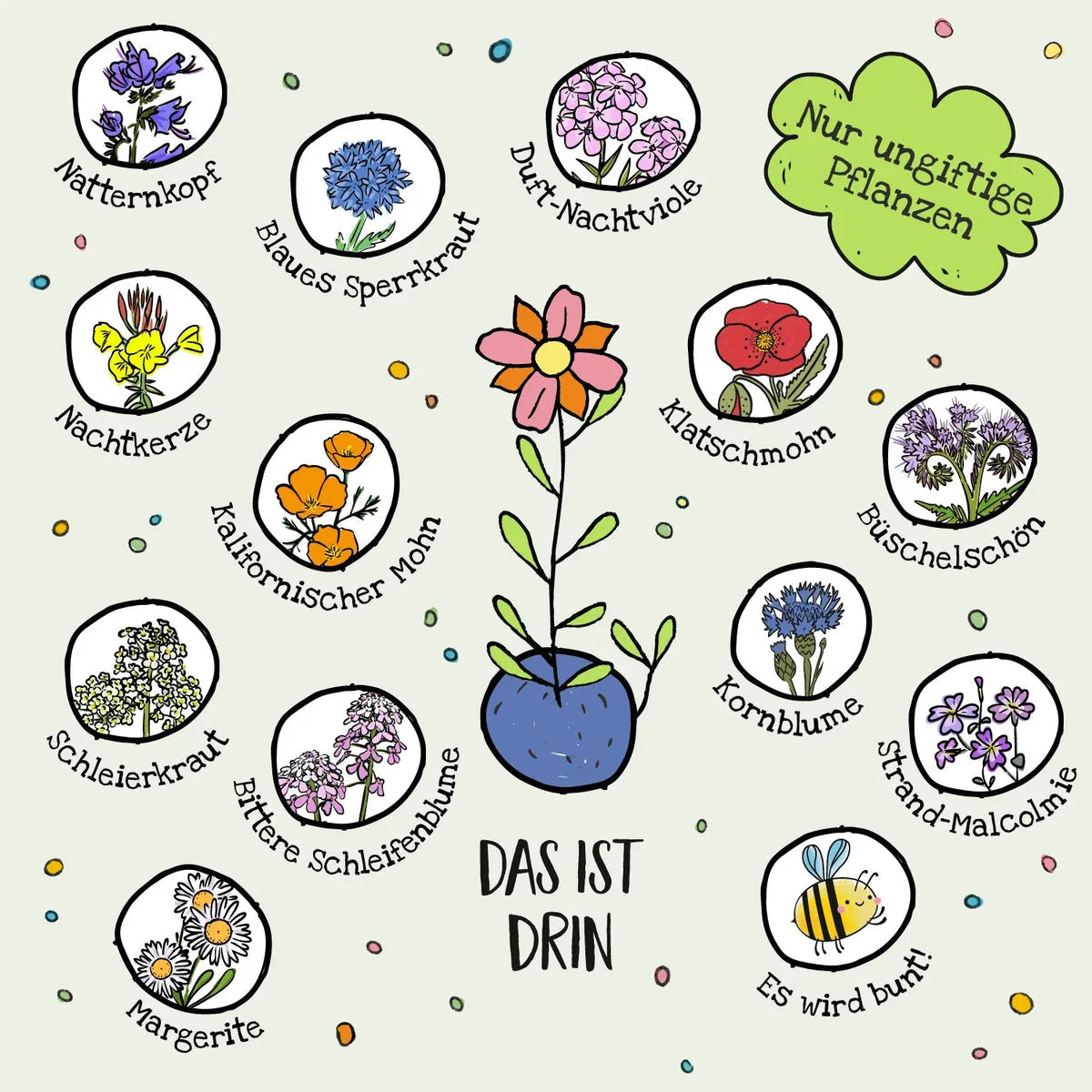 Ein cartoonstil blume mit pinken blüten und gelbem zentrum wächst aus einem blauen topf bei 15 saatkugeln im baumwollbeutel