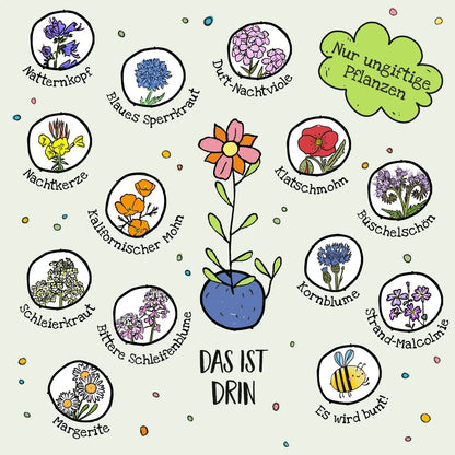 Ein cartoonstil blume mit pinken blüten und gelbem zentrum wächst aus einem blauen topf bei 15 saatkugeln im baumwollbeutel