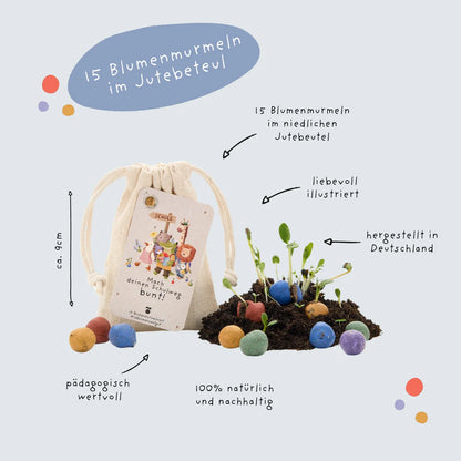 Ein beiger jutesack mit farbigem schulweg-label und 15 meerkugeln im baumwollbeutel mit sprossenden pflanzen