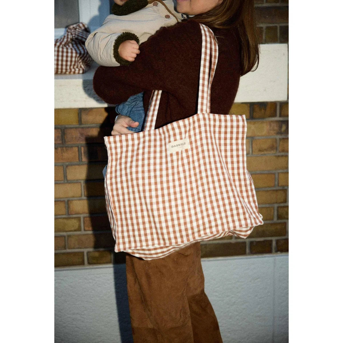 Beige weiße gingham kariert canvas tote bag 24h bag vichy moka mit robusten griffen nachhaltig für geschenke neugeborene
