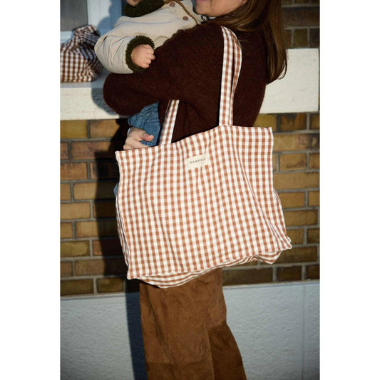 Beige weiße gingham kariert canvas tote bag 24h bag vichy moka mit robusten griffen nachhaltig für geschenke neugeborene